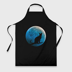 Фартук кулинарный Силуэт кота на фоне синей луны, цвет: 3D-принт