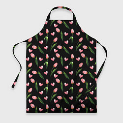 Фартук кулинарный Тюльпаны и сердечки на черном - паттерн, цвет: 3D-принт