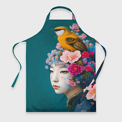 Фартук Японка с птицей на фоне цветущей сакуры