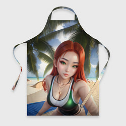 Фартук кулинарный Девушка с рыжими волосами на пляже, цвет: 3D-принт