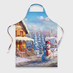 Фартук кулинарный Новогодняя деревня и снеговик, цвет: 3D-принт