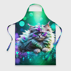 Фартук кулинарный Пушистый котенок в бирюзово фиолетовом боке, цвет: 3D-принт