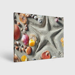 Холст прямоугольный Звезда из песка, ракушки и две жемчужины, цвет: 3D-принт