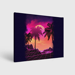 Холст прямоугольный Пальмы и пляж в розовом закате ретро дизайн, цвет: 3D-принт