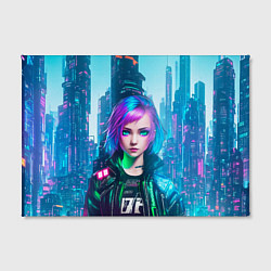 Холст прямоугольный Девушка в стиле киберпанк на фоне неонового города, цвет: 3D-принт — фото 2