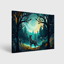 Холст прямоугольный Волк в ночном лесу фолк-арт, цвет: 3D-принт