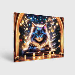 Холст прямоугольный Кот с гирляндой среди новогодних украшений, цвет: 3D-принт