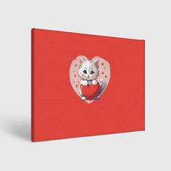 Холст прямоугольный Мультяшный котенок держит красное сердечко, цвет: 3D-принт