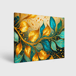 Холст прямоугольный Листья абстрактные золото и бирюза, цвет: 3D-принт
