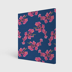 Холст квадратный Веточки айвы с розовыми цветами на синем фоне, цвет: 3D-принт