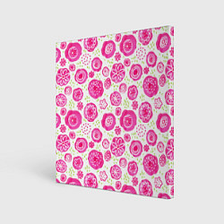 Холст квадратный Яркие розовые цветы в дудл стиле, абстракция, цвет: 3D-принт