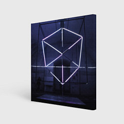 Холст квадратный Неоновый прерывистый куб во тьме - Фиолетовый, цвет: 3D-принт