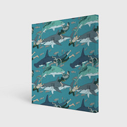 Холст квадратный Ныряльщики и акулы - паттерн, цвет: 3D-принт