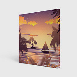 Холст квадратный Лодка в море на закате возле тропических островов, цвет: 3D-принт