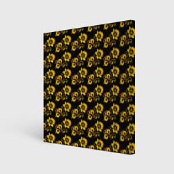 Холст квадратный Хохломская роспись цветы на чёрном фоне, цвет: 3D-принт