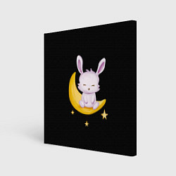 Холст квадратный Крольчонок сидит на месяце на чёрном фоне, цвет: 3D-принт