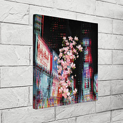 Холст квадратный Ветка сакуры на фоне ночного Токио - glitch, цвет: 3D-принт — фото 2