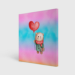 Холст квадратный Мишка с красным сердечком, цвет: 3D-принт