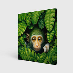 Холст квадратный Маленькая обезьянка в листьях, цвет: 3D-принт
