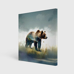 Холст квадратный Минималистичный пейзаж с медведем акварель, цвет: 3D-принт