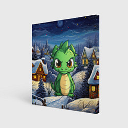 Холст квадратный Зеленый дракон новогодний город, цвет: 3D-принт