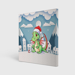 Холст квадратный Милый маленький новогодний дракон в новогодней шап, цвет: 3D-принт
