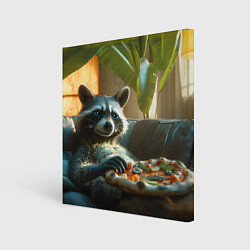 Холст квадратный Енот ест пиццу на диване, цвет: 3D-принт