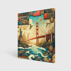 Холст квадратный Мост через реку и пэчворк - нейросеть арт USA brid, цвет: 3D-принт