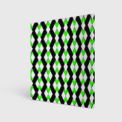 Холст квадратный Зелёные и белые ромбы на чёрном фоне, цвет: 3D-принт