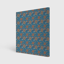 Холст квадратный Цветочный узор в стиле бохо на синем, цвет: 3D-принт