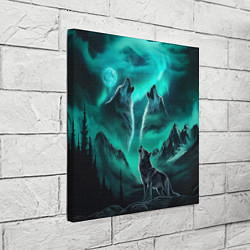 Холст квадратный Волки воют на луну и северное сияние, цвет: 3D-принт — фото 2