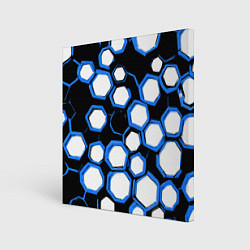 Холст квадратный Бело-синие шестиугольники на чёрном фоне, цвет: 3D-принт