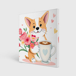Холст квадратный Поздравляющий корги с цветами, цвет: 3D-принт