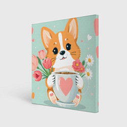 Холст квадратный Корги с поздравлениями - 8 марта, цвет: 3D-принт