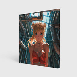 Холст квадратный Рыжая девушка на фоне труб, цвет: 3D-принт