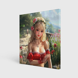 Холст квадратный Милая блондинка с цветами, цвет: 3D-принт