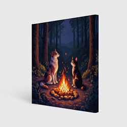 Холст квадратный Пёс и кот возле костра - пиксель арт, цвет: 3D-принт
