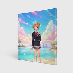 Холст квадратный Дандадан Сиратори Айра на берегу моря, цвет: 3D-принт