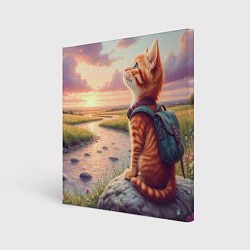 Холст квадратный Котёнок с рюкзаком мечтает о небе, цвет: 3D-принт