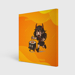 Холст квадратный Девочка дьявол бежит за роллом, цвет: 3D-принт