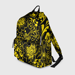 Рюкзак Хохломская роспись золотые цветы на чёроном фоне, цвет: 3D-принт