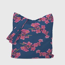 Сумка-шоппер Веточки айвы с розовыми цветами на синем фоне