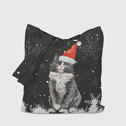 Сумка-шопер Новогодний Черный кот в кружке, цвет: 3D-принт