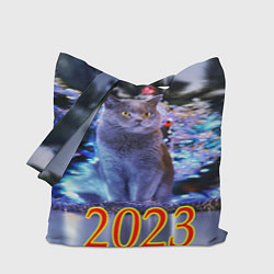 Сумка-шопер Кот на фоне елки, цвет: 3D-принт