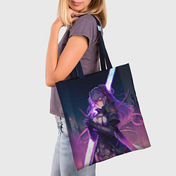 Сумка-шопер Cyber girl in purple light, цвет: 3D-принт — фото 2