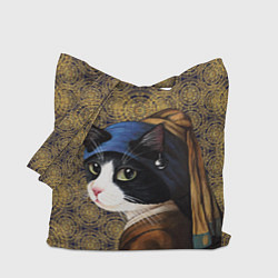 Сумка-шопер Кошечка с жемчужной сережкой Ян Вермеер пародия, цвет: 3D-принт