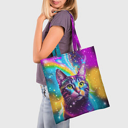 Сумка-шопер Полосатый кот с разноцветной звездной туманностью, цвет: 3D-принт — фото 2