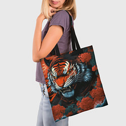 Сумка-шопер Тигр с розами на волнах в стиле тату ирезуми, цвет: 3D-принт — фото 2