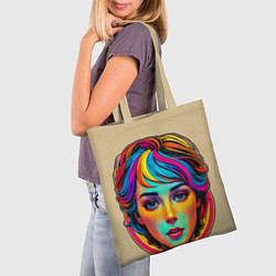 Сумка-шопер Девушка с разноцветными волосами на клетчатом фоне, цвет: 3D-принт — фото 2
