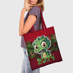Сумка-шопер Маленький зеленый новогодний дракон, цвет: 3D-принт — фото 2